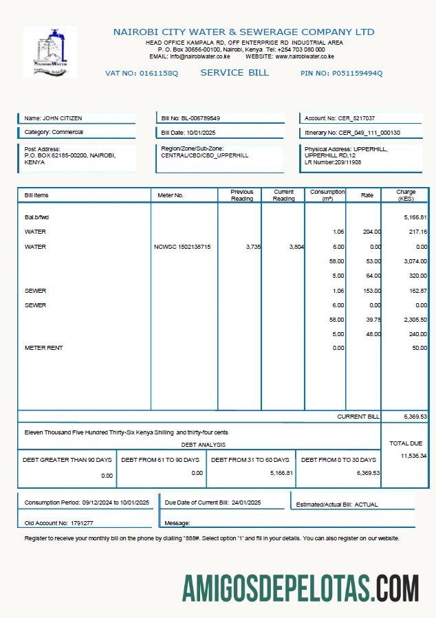 Para baixar modelo de conta de serviços públicos da empresa de água e esgoto da cidade de Nairóbi, Quênia, em formatos Word e PDF